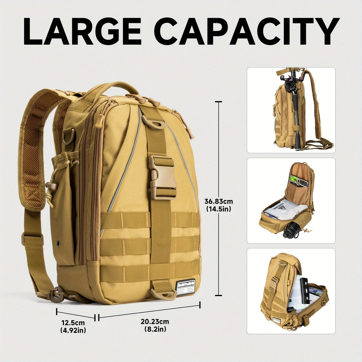 Sac à dos de pêche avec porte-canne – Sac bandoulière imperméable pour randonnée, pêche à la mouche, rangement de boîte à pêche, cadeau pour papa pêcheur