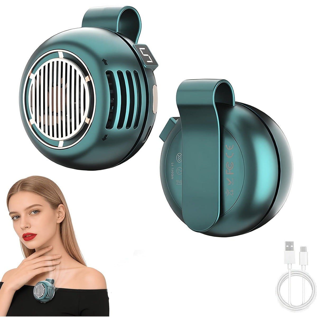 Mini ventilateur de cou sans pales à clipser, rechargeable par USB, 3 vitesses, flux d'air à 360°, ventilateur portable mains libres à suspendre à la taille pour la randonnée, le camping, les voyages, le golf et les activités en plein air