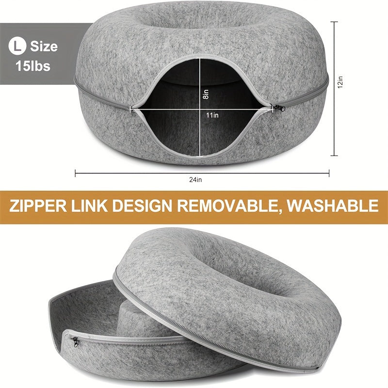 Lit tunnel pour chat, cachette d'intérieur - Tunnel pour chat en forme de beignet, pliable et utilisable en toute saison, avec ouverture pour chats d'intérieur, peluche douce, gris foncé et gris clair, disponible en 50 et 60 cm, cadeau idéal pour chat