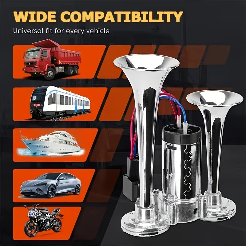 Kit de klaxon à air double 120 dB 12 V avec compresseur d'air – Klaxon de train/camion ultra puissant pour SUV, moto, pick-up, voiture et bateau – Klaxon électrique biton universel – Velora