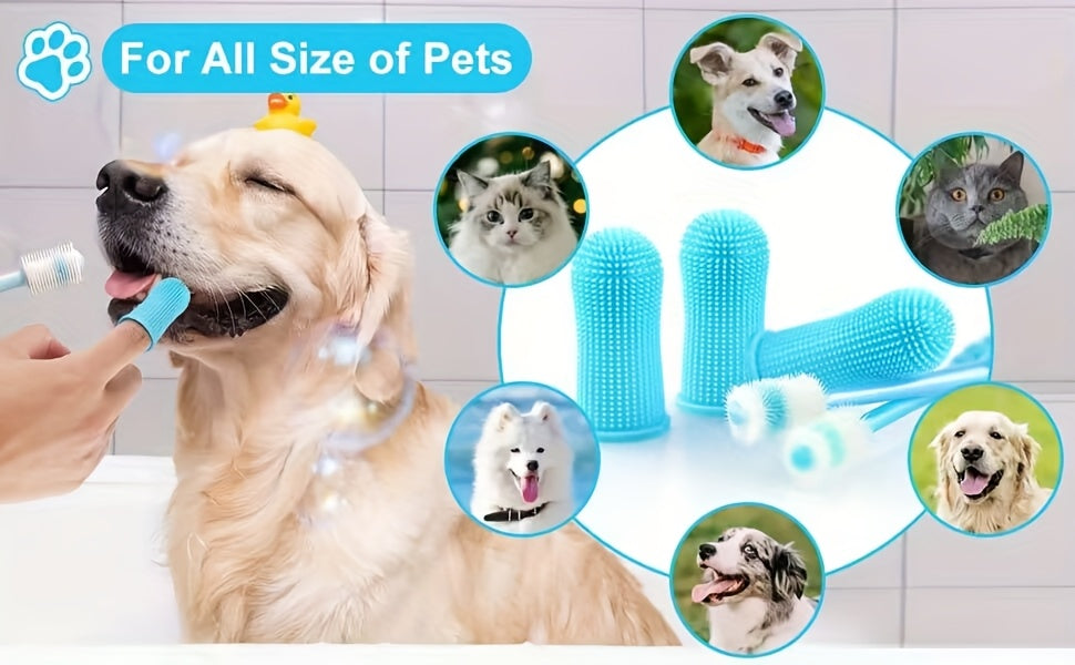 Kit de soins dentaires pour animaux de 3 pièces : brosse à dents en silicone à 360°, brosse à doigt et brosse à micro-filaments pour chiens et chats, souple et douce, aucune pile requise