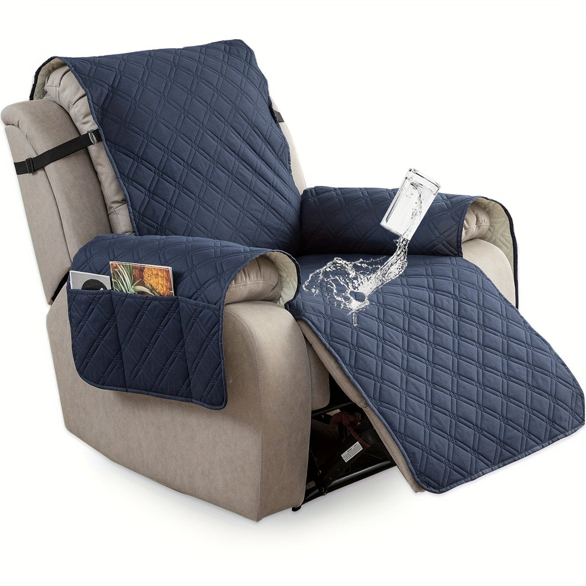 Housse de fauteuil inclinable imperméable avec poches latérales, sangles antidérapantes, tissu matelassé 4 couches, protection contre les animaux et les enfants, lavable en machine – 11 couleurs