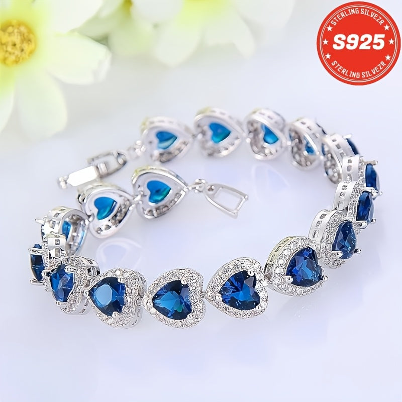Bracelet pour femme en argent sterling S925, cœur bleu en moissanite complète – Style élégant et luxueux, cadeau idéal pour une sœur, une mère, un anniversaire, la Saint-Valentin et Noël