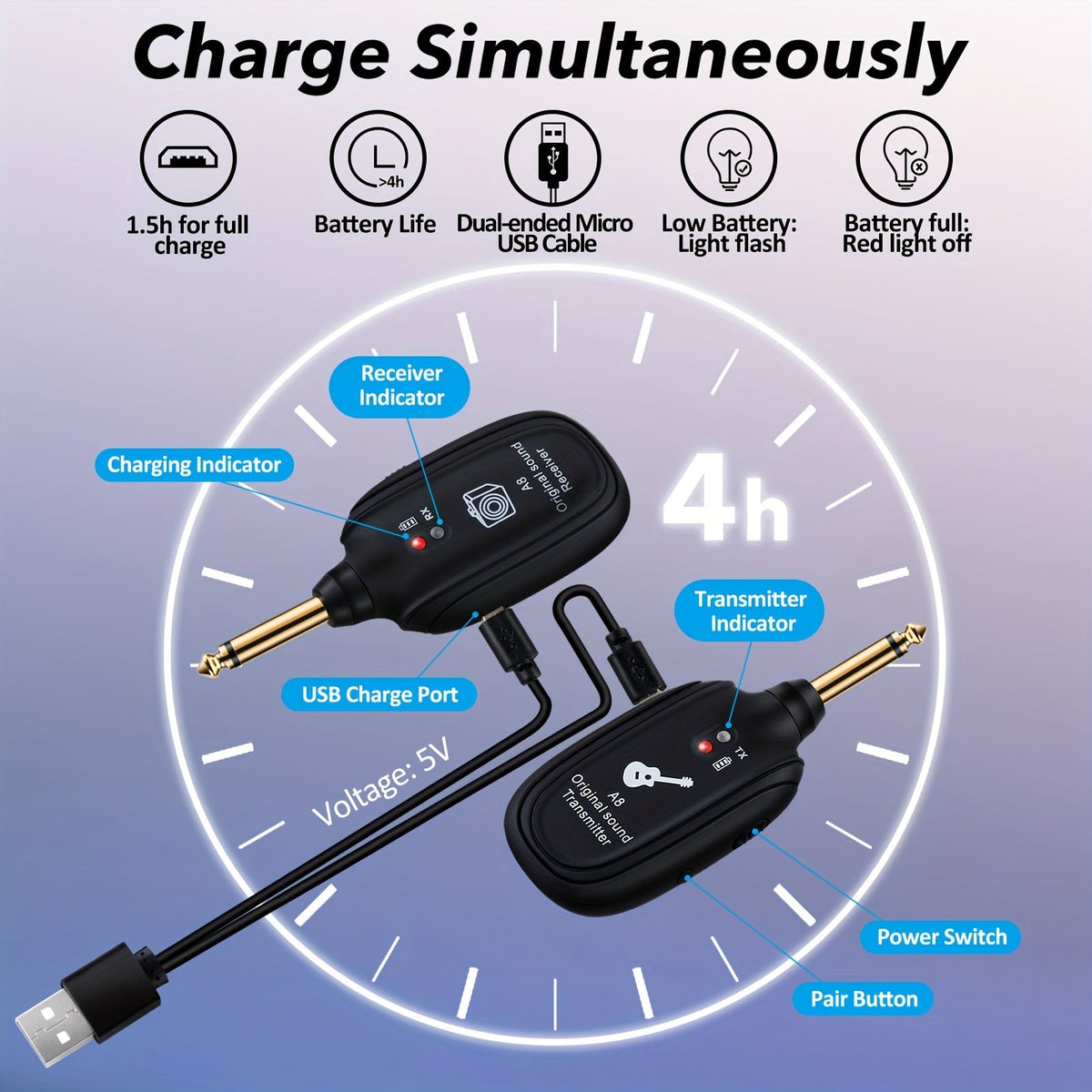 Système sans fil pour guitare A8 avec émetteur et récepteur rechargeables intégrés – Audio stéréo, chargement USB, compatible avec guitare électrique, basse et violon, fonctionne avec les amplificateurs