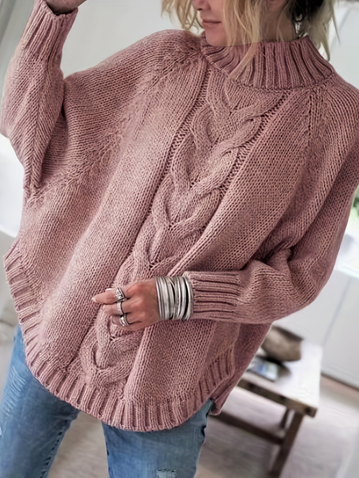 Pull col roulé oversize en maille torsadée pour femme, gros tricot, coupe ample, ourlet évasé, pull d'hiver douillet, 5 couleurs, S-XXL