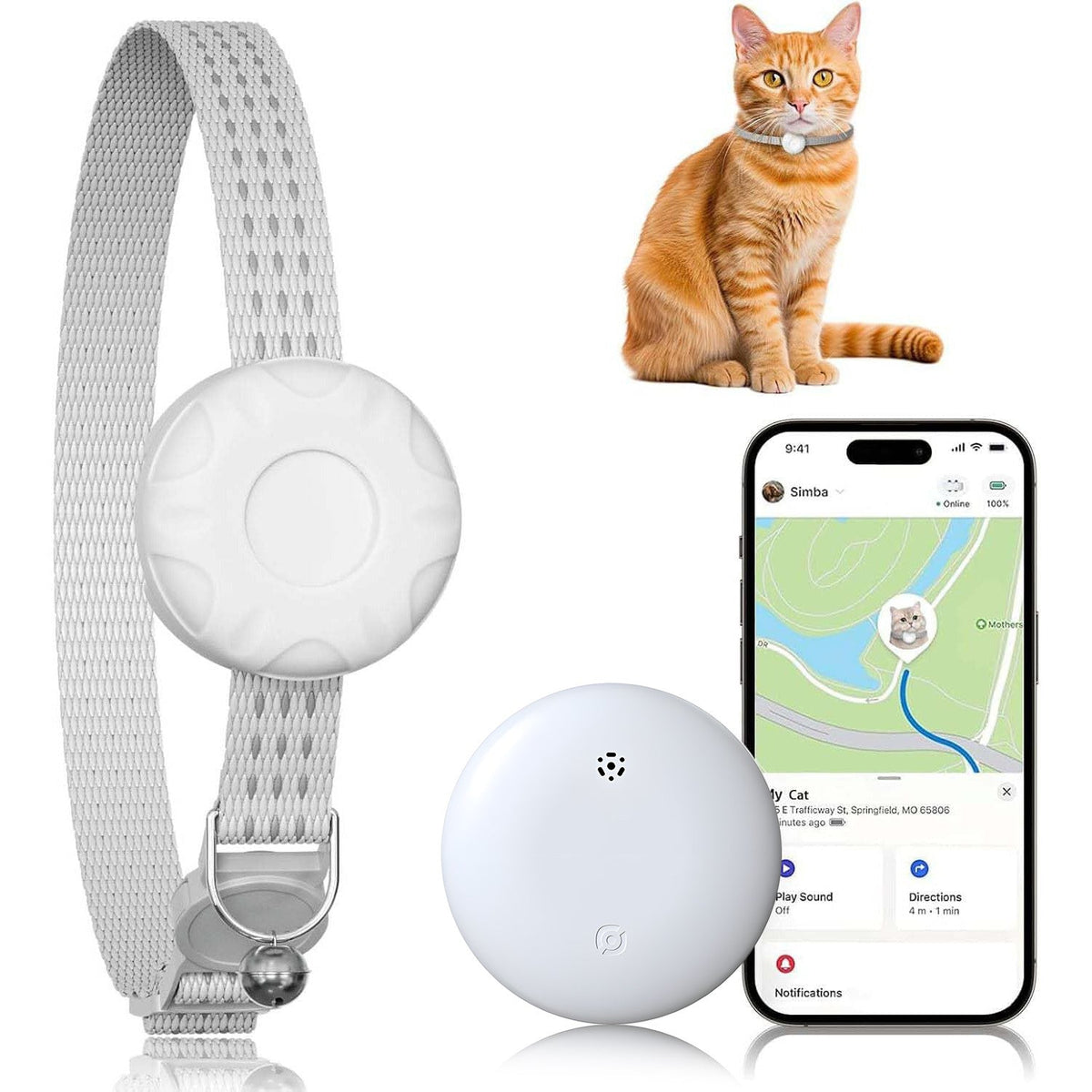 Traceur GPS léger pour chats – Compatible avec Apple Localiser et Localiser mon appareil Android, localisation en temps réel, sans frais mensuels, alertes de zones intelligentes, dispositif de suivi anti-perte pour collier de chat