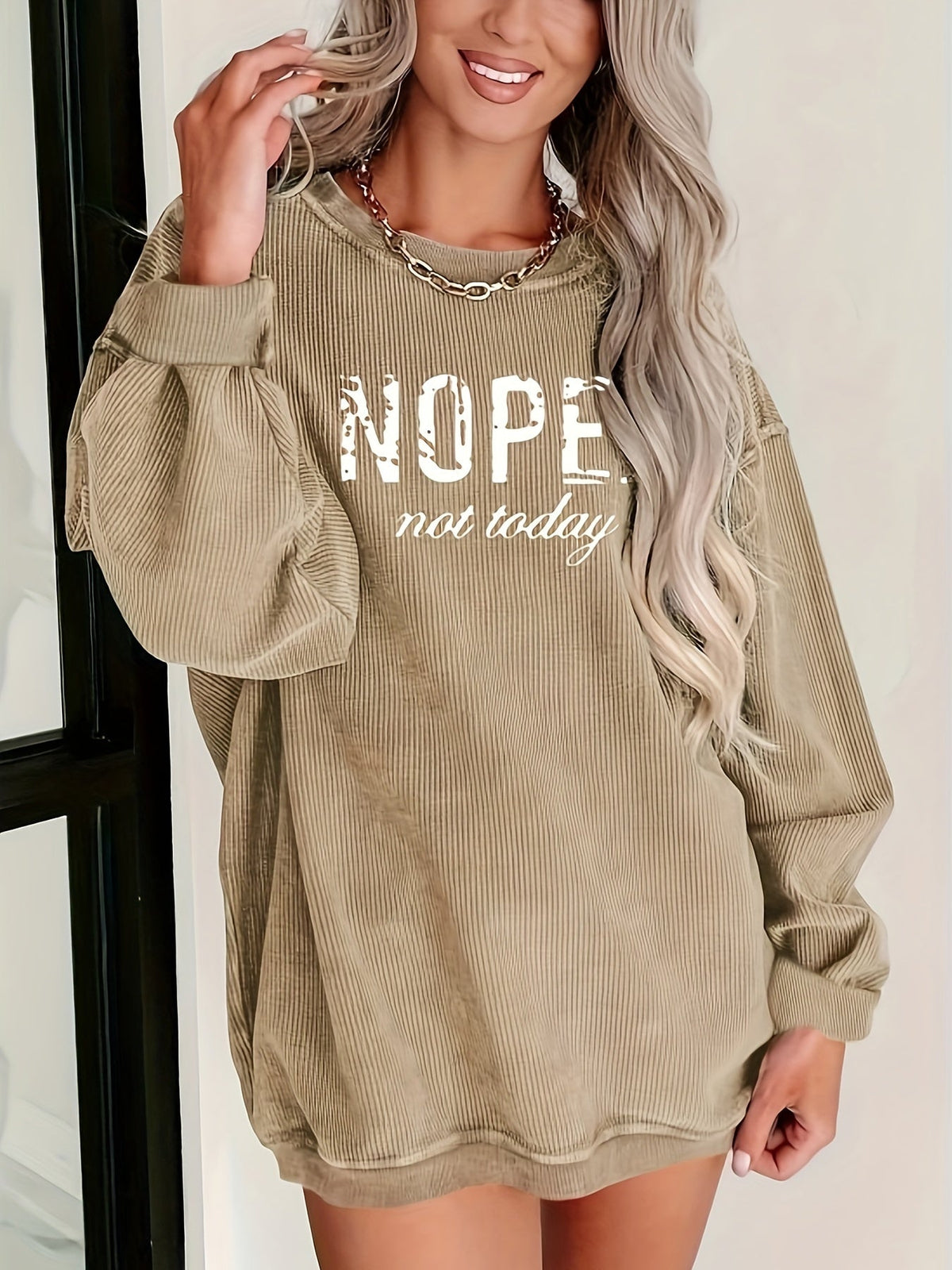 Haut à manches longues imprimé NOPE pour femmes, t-shirt à motif avec col rond, pull décontracté S M L XL XXL, kaki rose à imprimé lettres