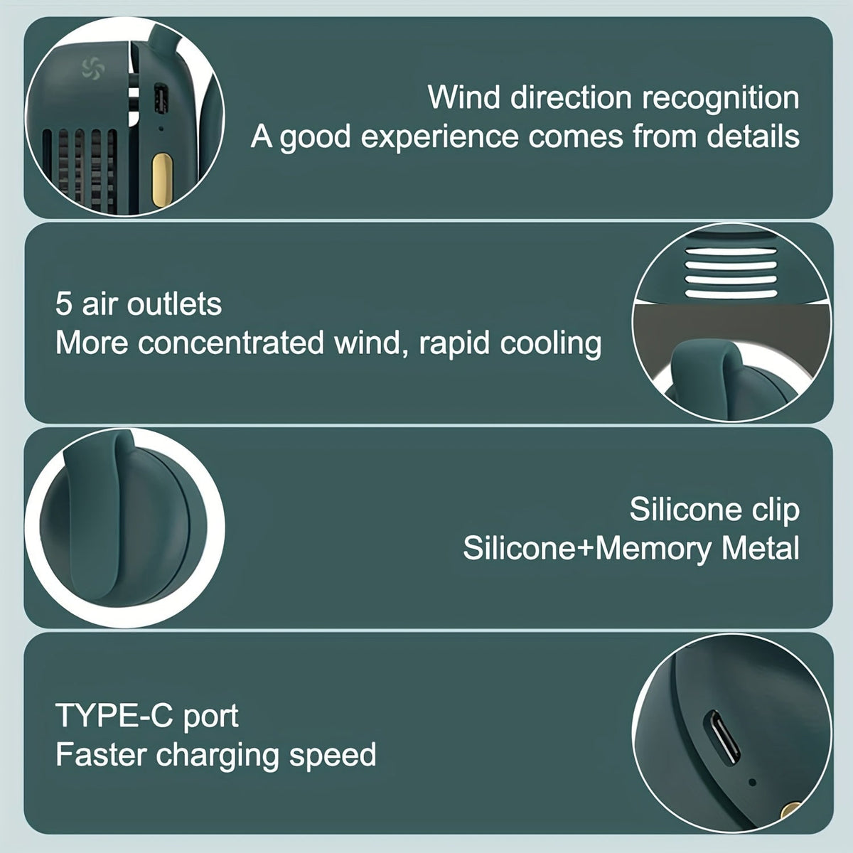 Mini ventilateur de cou sans pales à clipser, rechargeable par USB, 3 vitesses, flux d'air à 360°, ventilateur portable mains libres à suspendre à la taille pour la randonnée, le camping, les voyages, le golf et les activités en plein air