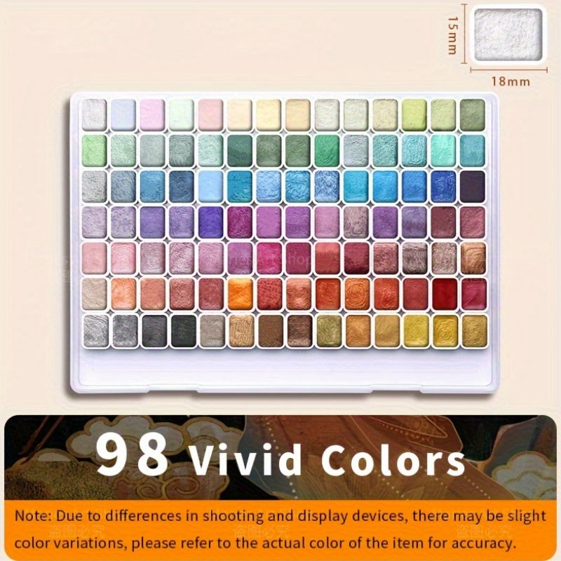 Ensemble de 98 aquarelles métallisées scintillantes, pigments perlés de qualité supérieure avec étui portable, haute résistance à la lumière pour illustration sur toile, scrapbooking, décoration, fournitures d'art pour artistes et amateurs.