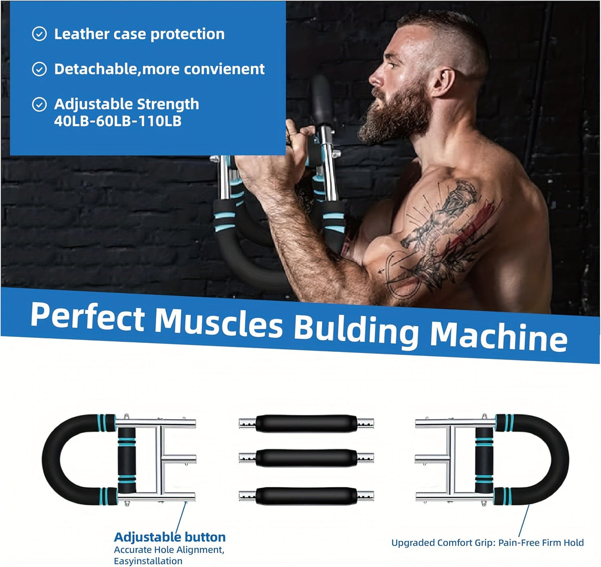 Appareil d'entraînement de la force des bras, extenseur de poitrine, barre à 3 niveaux de résistance réglables, extenseur portable et détachable pour renforcer les avant-bras, appareil de musculation pour le haut du corps à domicile