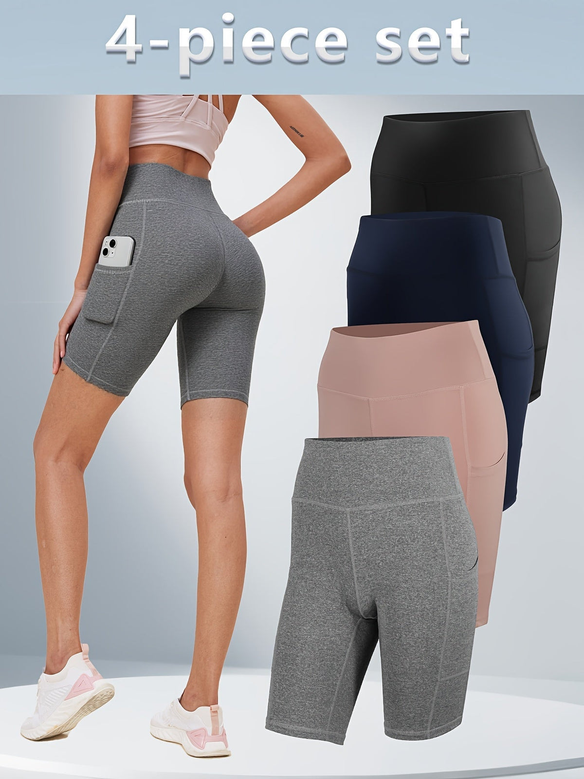 Shorts de yoga taille haute pour femmes, lot de 4, effet push-up, 5 poches – Shorts de sport respirants, extensibles et sans couture pour l'été, le yoga, le Pilates et l'entraînement en salle (Rouge, Noir, Gris, Bleu marine)