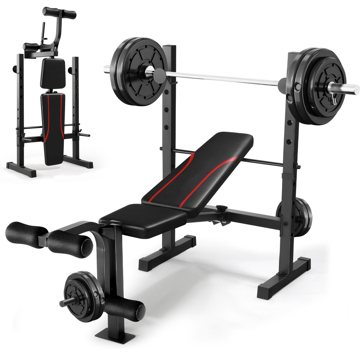 Banc de musculation réglable et pliable avec rack à squat, poste à jambes et pupitre à biceps – Banc de développé couché tout-en-un pour entraînement complet, jusqu'à 545 kg