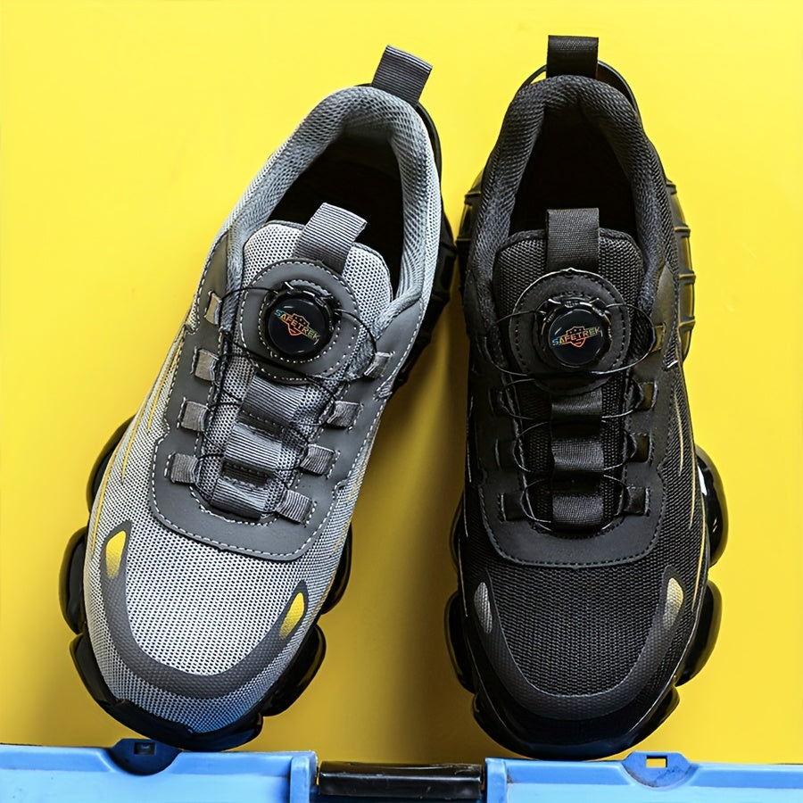 Chaussures de sécurité à embout d'acier pour hommes et femmes – Baskets de protection légères et respirantes avec semelle antidérapante, bout rond, coupe basse – Idéales pour la construction, l'entrepôt, l'extérieur et le camping (Noir/Gris, US 5–12,5)