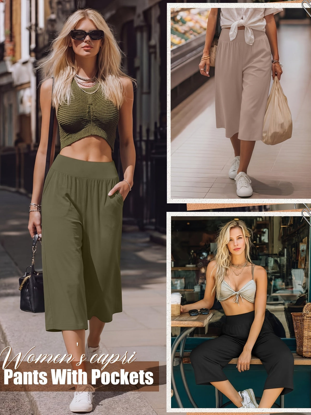 Lot de 3 pantalons Capri pour femme – Pantalons de jogging amples style détente, coupés avec poches et taille élastique, pantalon Capri de yoga pour le printemps, l'été, l'automne et les tenues décontractées du week-end