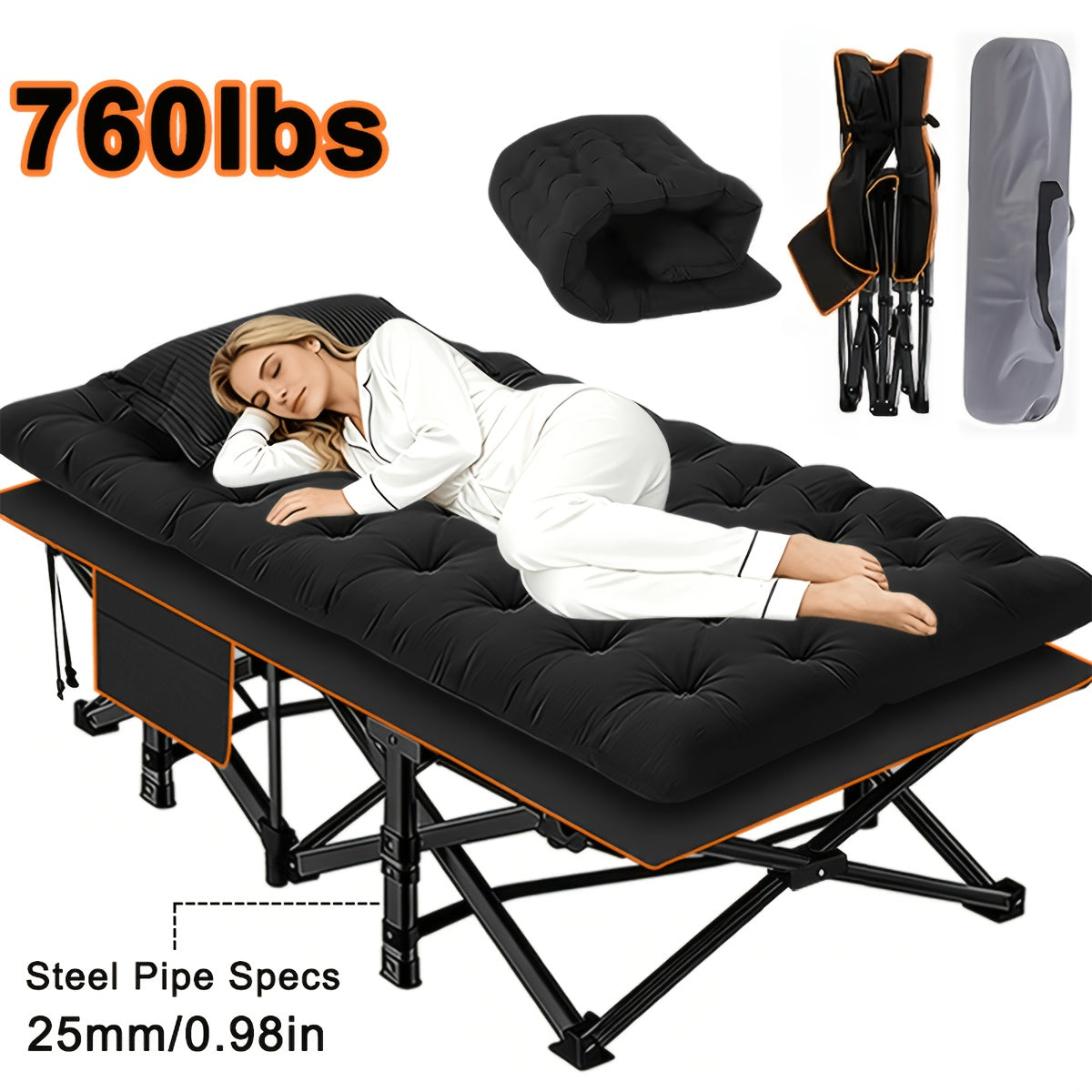 Lit de camping pliant avec matelas et poches latérales – Lit de camp portable robuste pour adultes, lit d'appoint pliable pour le camping, l'extérieur, la terrasse, le bureau ou la chambre d'amis