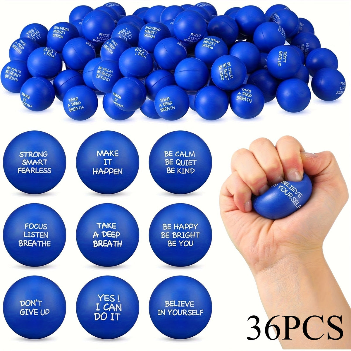Lot de 18 ou 36 mini balles anti-stress avec citations motivantes de 4 cm, jouets à presser pour récompenses scolaires, cadeaux de fête, Pâques, printemps, rentrée des classes ou cadeaux d'équipe de bureau, rose, rouge, bleu, vert, jaune