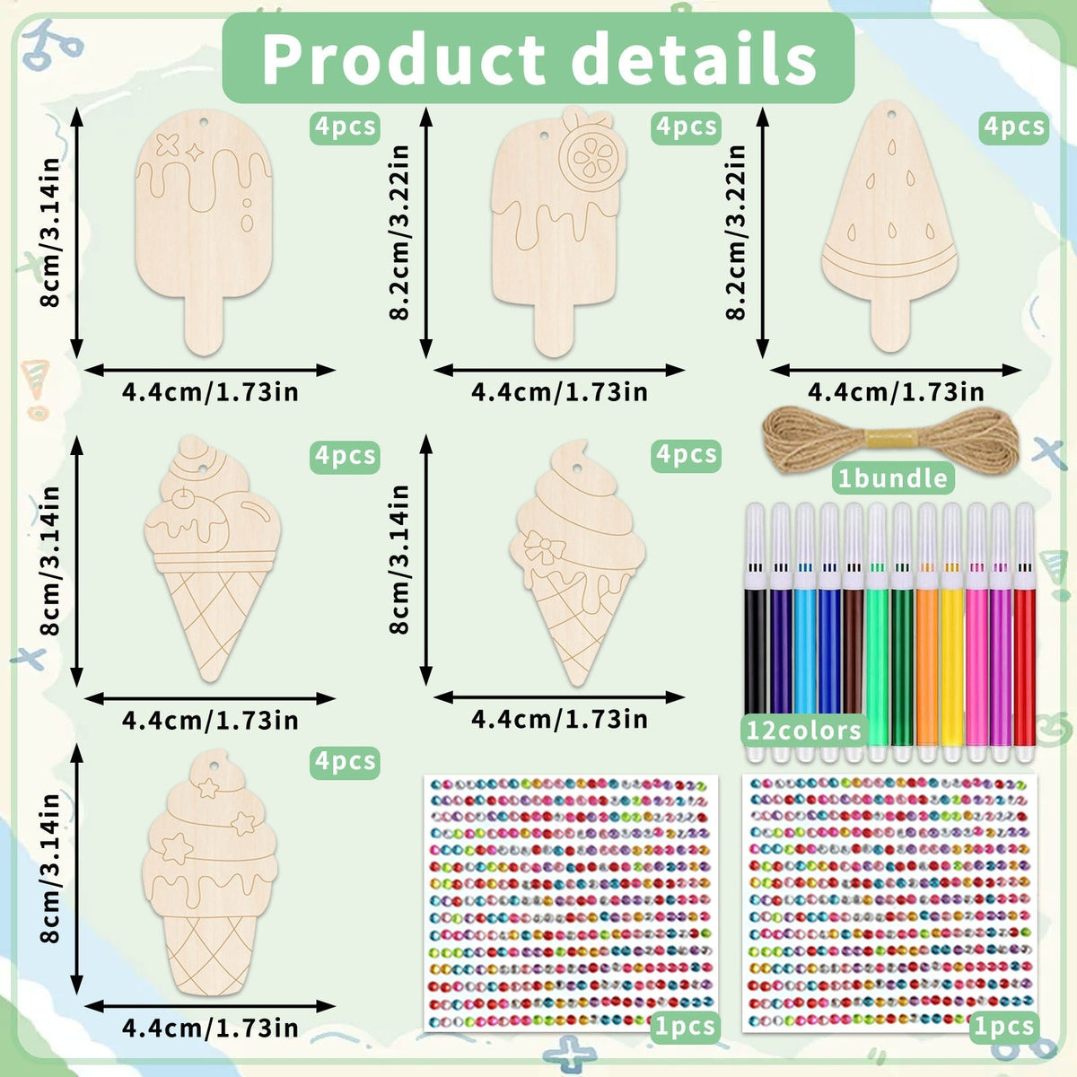 Kit de loisirs créatifs en bois « Glaces » pour enfants, 39 pièces : 24 formes en bois brut, 12 feutres, 2 planches de stickers joyaux, ficelle. Kit de peinture DIY pour fêtes d'anniversaire, activités scolaires, soirées pyjama. Dès 3 ans.