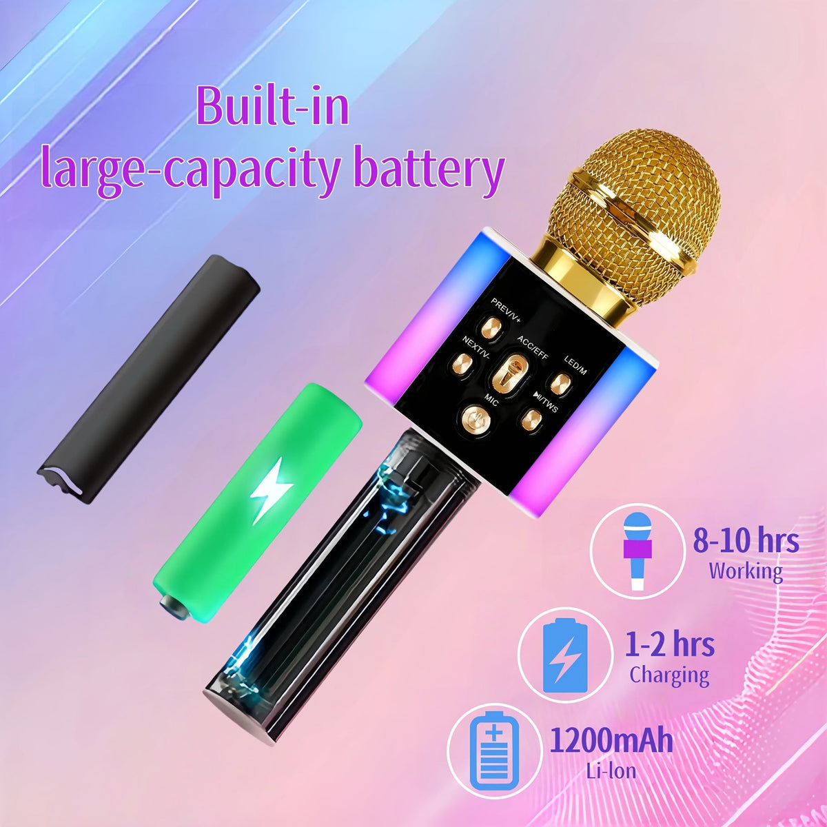 Microphone karaoké sans fil 5-en-1 avec haut-parleur intégré, lumières LED et changeur de voix – Micro de chant Bluetooth portable pour fêtes, réunions de famille, voyages et activités en plein air, 10 couleurs