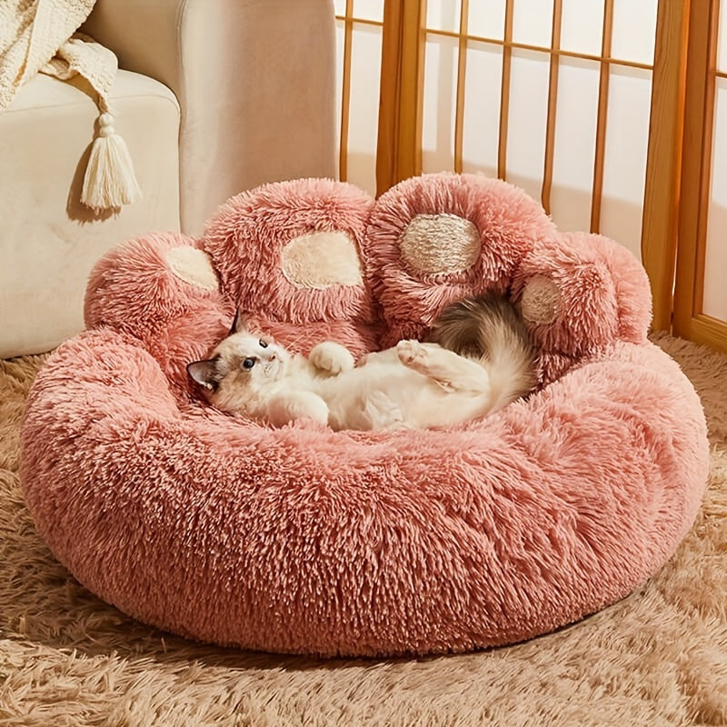 Panier rond pour chien et chat motif patte d’ours – Lit apaisant et doux pour animal de compagnie, antidérapant, chaud et confortable, petit, moyen, grand modèle, 50/60/70/90 cm, café/rose/gris