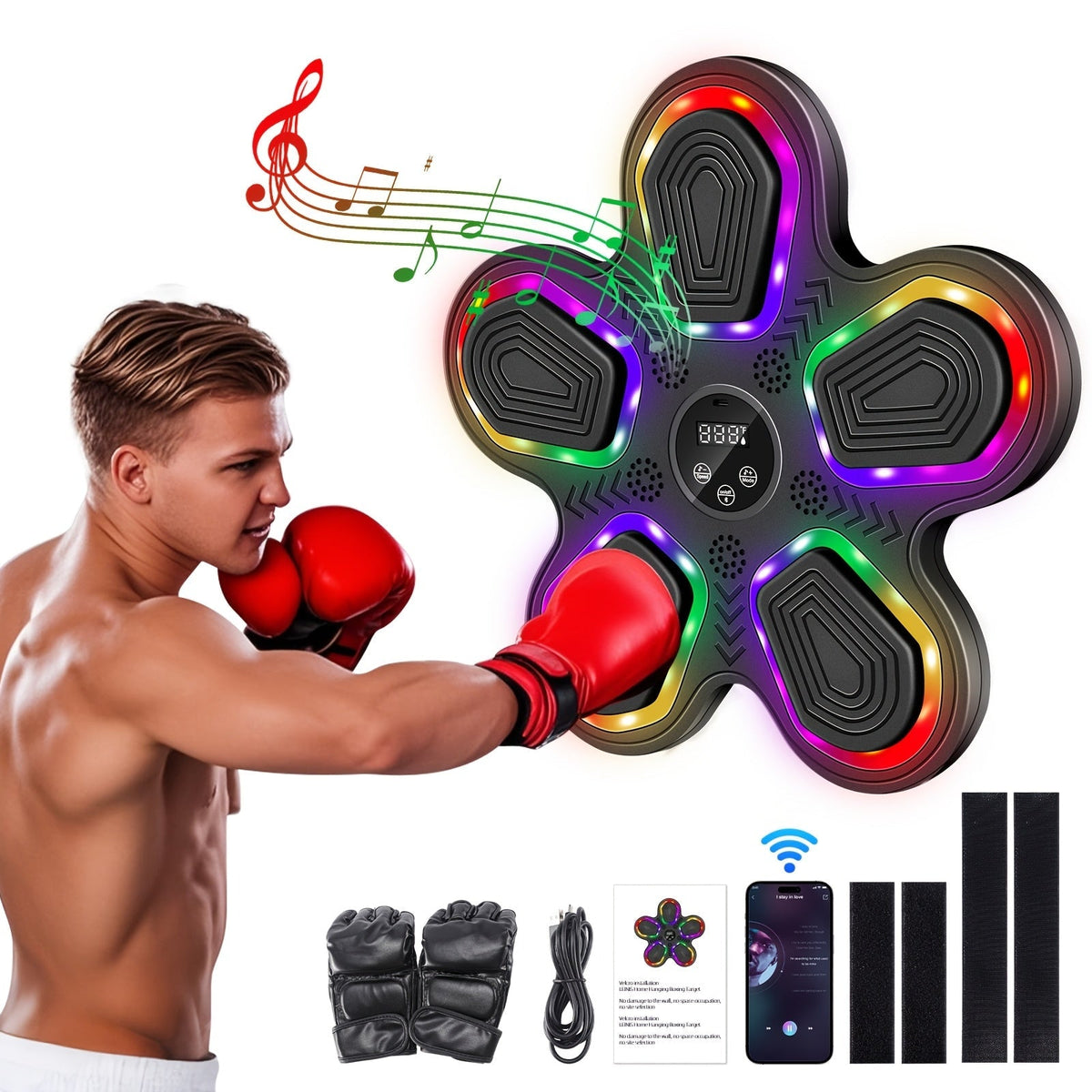 Machine de boxe musicale intelligente avec gants – Montage mural, éclairage rythmique LED, Bluetooth, 9 modes de vitesse, compteur de coups LED intelligent, cadeau de fitness pour salle de sport à domicile pour adultes et adolescents
