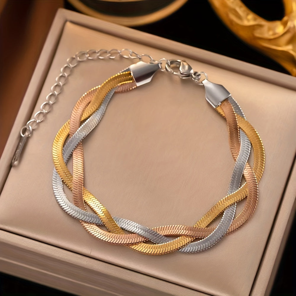 Parure 2 pièces collier et bracelet en acier inoxydable doré pour femme – Design tressé tricolore plaqué or, style rétro minimaliste français pour le quotidien, le travail, les vacances et les soirées