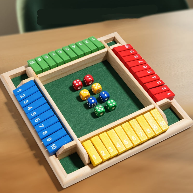 Jeu de mathématiques avec dés numérotés en bois – Plateau à quatre couleurs avec 8 dés colorés, jeu de société familial stimulant pour enfants et adultes