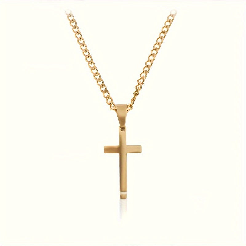Collier avec pendentif croix pour homme, chaîne cubaine plaquée or 18 carats, acier inoxydable 304, bijou minimaliste et décontracté, cadeau pour lui, acier doré