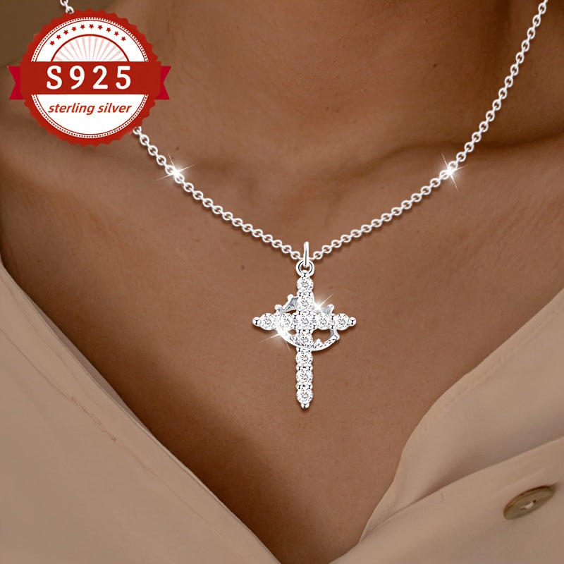 Collier avec pendentif croix et couronne en argent sterling 925 pour femme – Bijou de luxe vintage hypoallergénique pour le quotidien, les vacances et les banquets, cadeau élégant