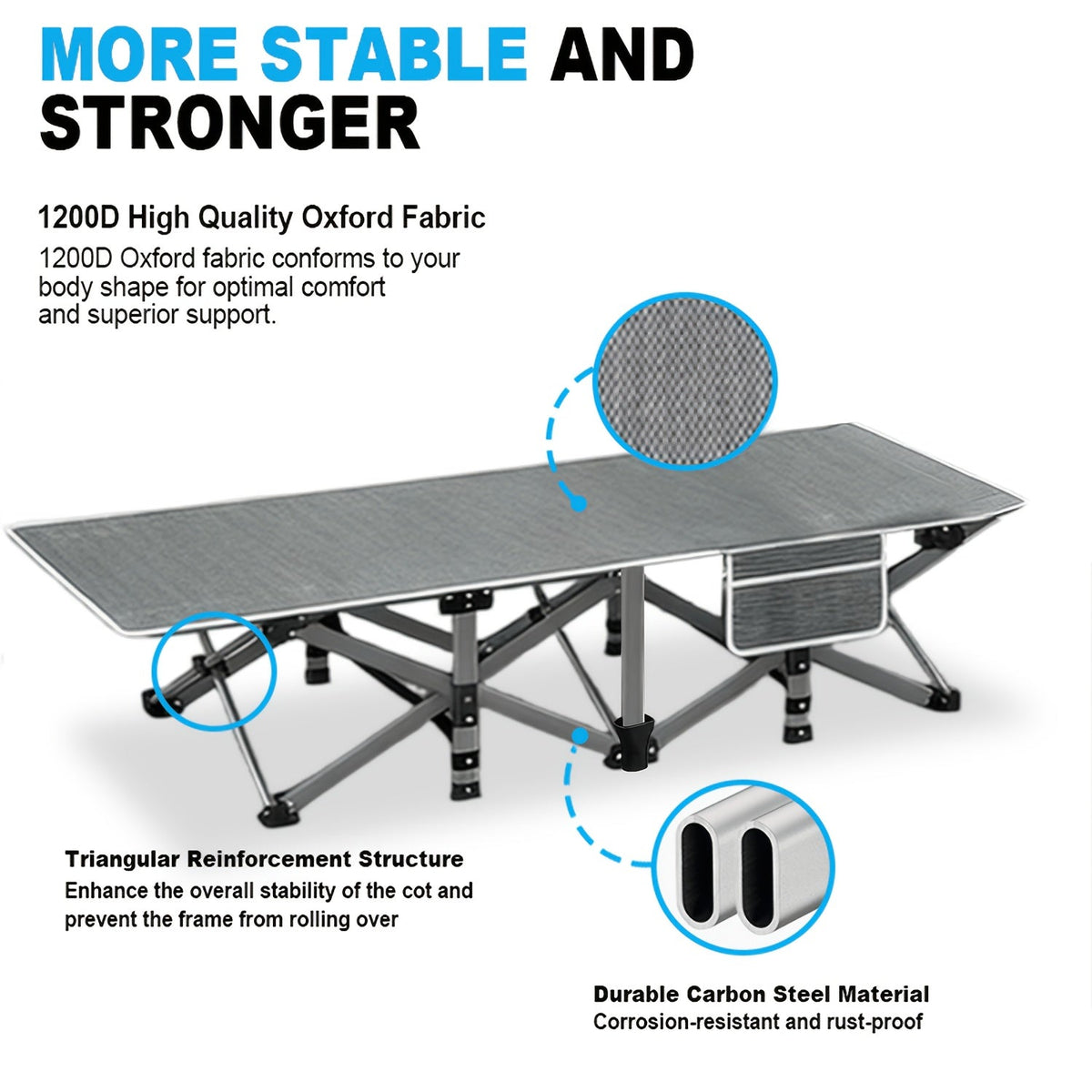 Lit pliant ultra-résistant supportant jusqu’à 285 kg avec matelas en option – Lit de camp portable avec pieds de support multiples, poches latérales et oreiller, lit d'appoint toutes saisons de 150 à 195 cm, peu encombrant