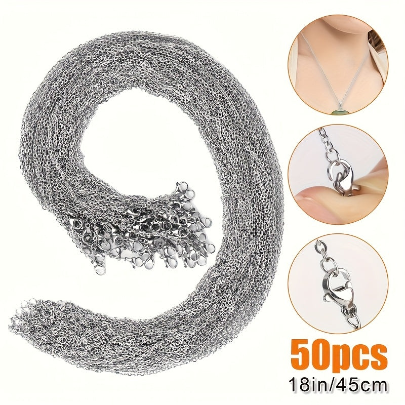 Lot de 50 chaînes de collier en acier inoxydable 304 de 45,7 cm avec fermoir mousqueton - Fournitures de création de bijoux DIY résistantes au ternissement pour pendentifs, breloques, bracelets et porte-clés, lot de chaînes en gros pour créateurs