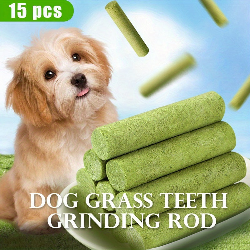 15 bâtonnets à mâcher à l'herbe pour chien – Friandises à mâcher naturelles pour le nettoyage des dents, haleine fraîche, collation riche en fibres pour la santé digestive à base d'herbe et de viande – Friandise saine pour chien de toutes races
