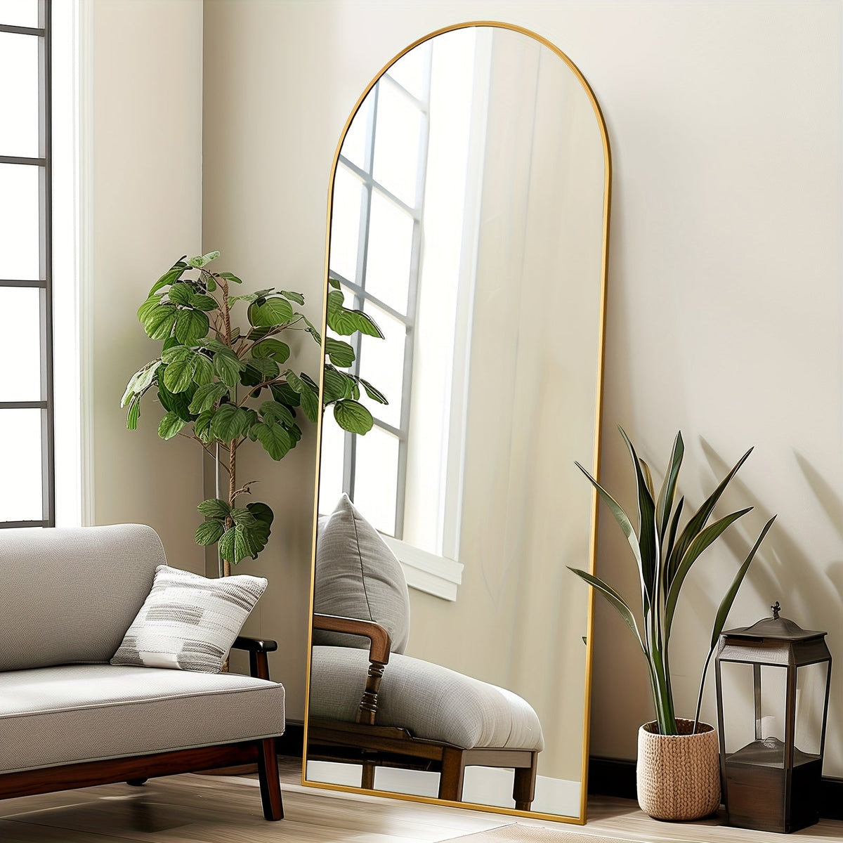 Miroir sur pied pleine longueur à sommet cintré – Miroir plein corps avec support pour chambre, salon et dressing, peut être fixé au mur, disponible en 3 tailles et 2 coloris (noir et doré)