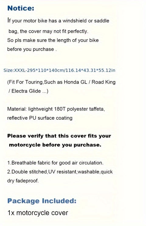 Housse de moto imperméable XXXL à ajustement universel - Protection résistante pour tous les temps pour Harley Road King, Electra Glide, Street Glide, Honda Goldwing, Yamaha Royal Star et motos de tourisme, 295x109x140 cm