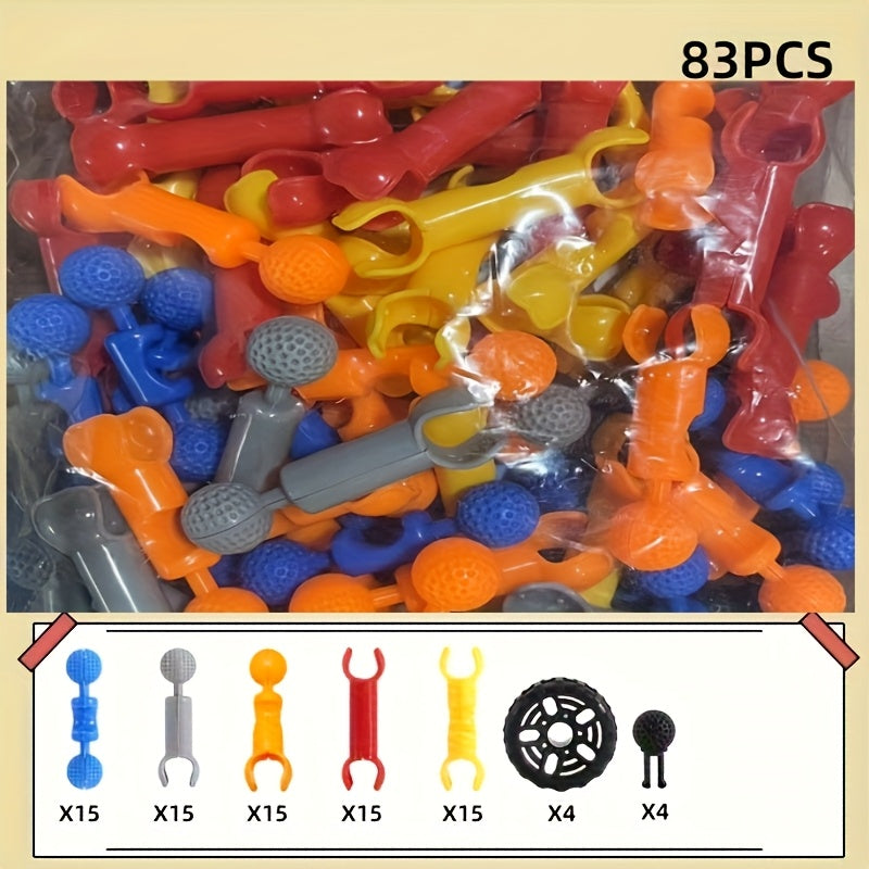 83 pièces Jeu de construction éducatif STEM pour enfants - Ensemble de construction créatif pour filles et garçons de 3 ans et plus, couleurs aléatoires, développe les compétences en ingénierie et en perception spatiale, cadeau de Noël ou d'anniversaire