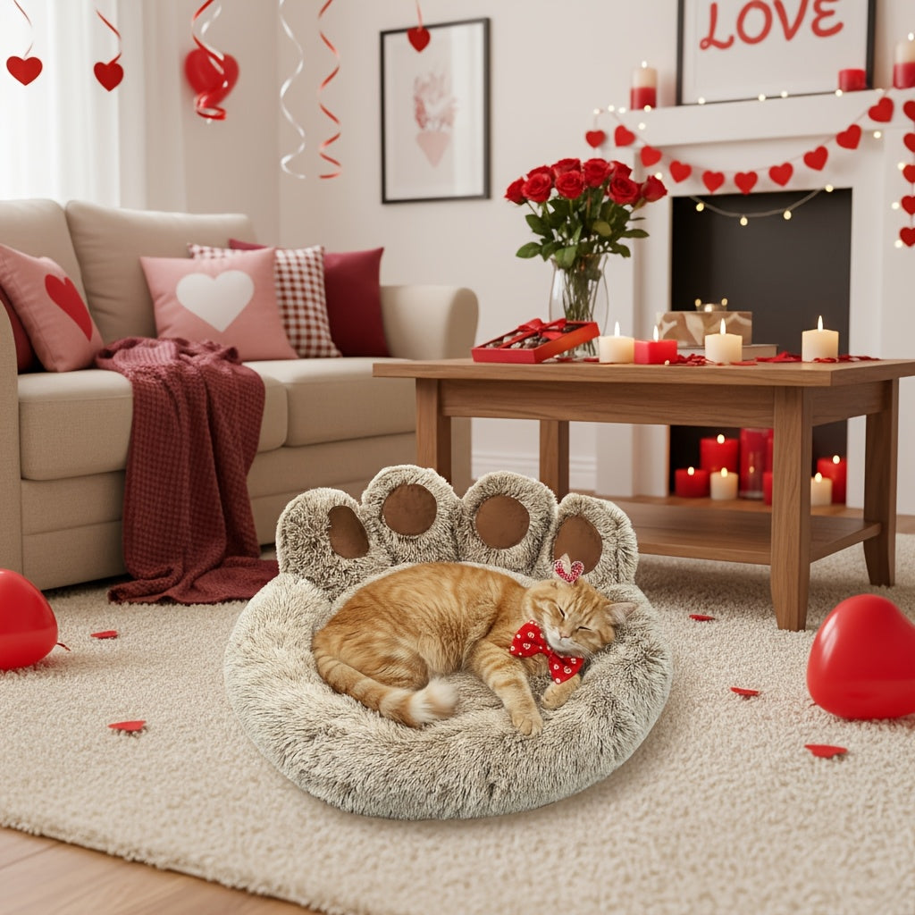 Lit pour chien et chat en forme de patte d'ours – Coussin rond apaisant, chaud et doux en peluche pour animal de compagnie avec foulard bonus, S M L XL 2XL Café Rose Gris Marron pour chiens et chats de petite, moyenne et grande taille