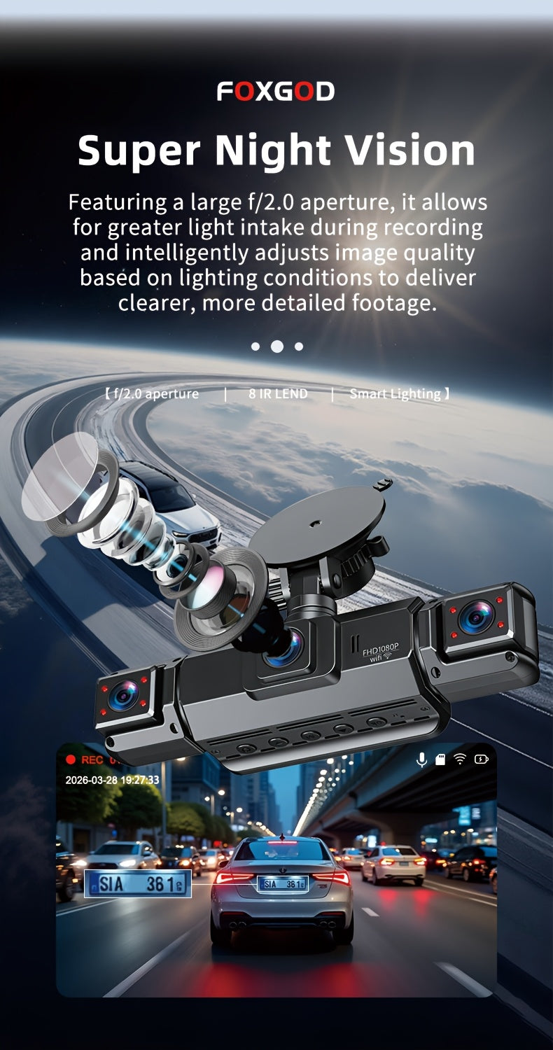 Dashcam 360° 3/4 canaux 1080P HD avec vision nocturne, WDR, capteur G, enregistrement en boucle, surveillance de stationnement 24h/24 et 7j/7, WiFi, système de caméra embarquée multi-objectifs pour une couverture complète sans angles morts