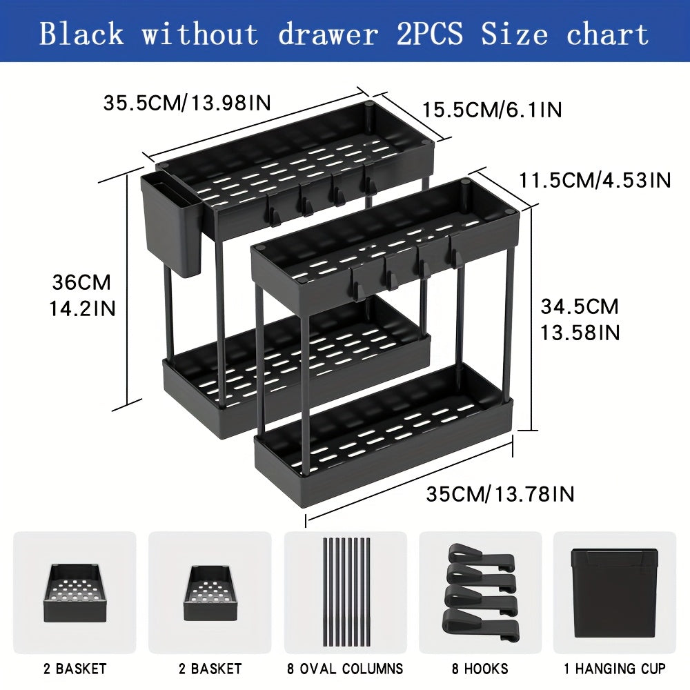 Organisateur sous évier, lot de 2 paniers coulissants à double niveau avec 8 crochets, extensible – Étagère de rangement pour cuisine et salle de bain, blanc lunaire, noir, gris