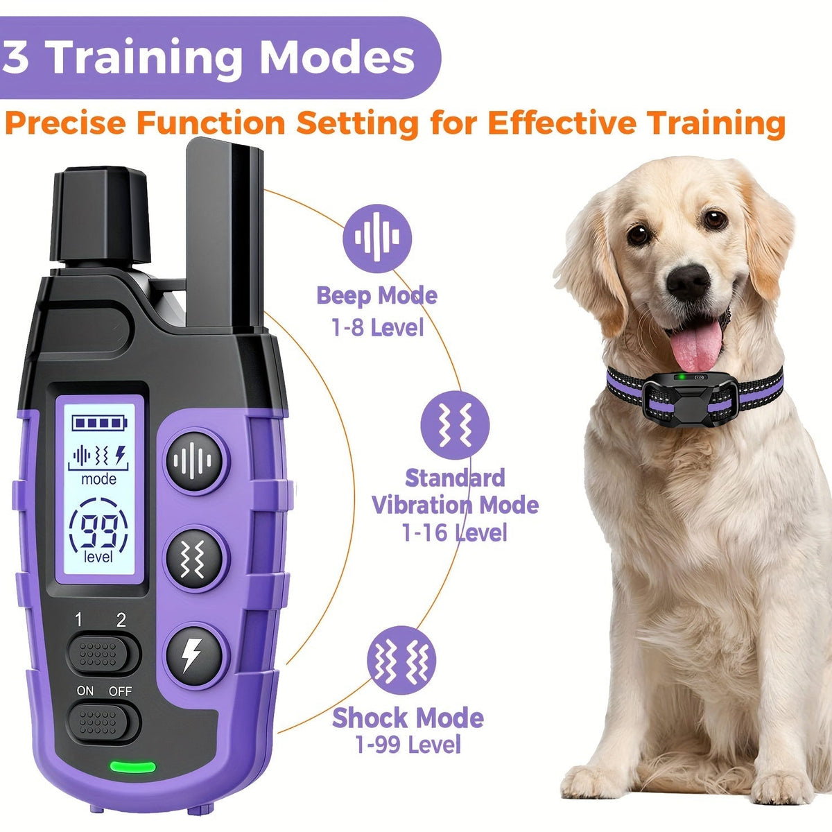 Collier de dressage pour chien avec télécommande – Portée de 1265 m, modes choc, vibration et bip, collier électrique rechargeable pour chiens de petite à grande taille (2 à 68 kg), options pour 1 ou 2 chiens, violet