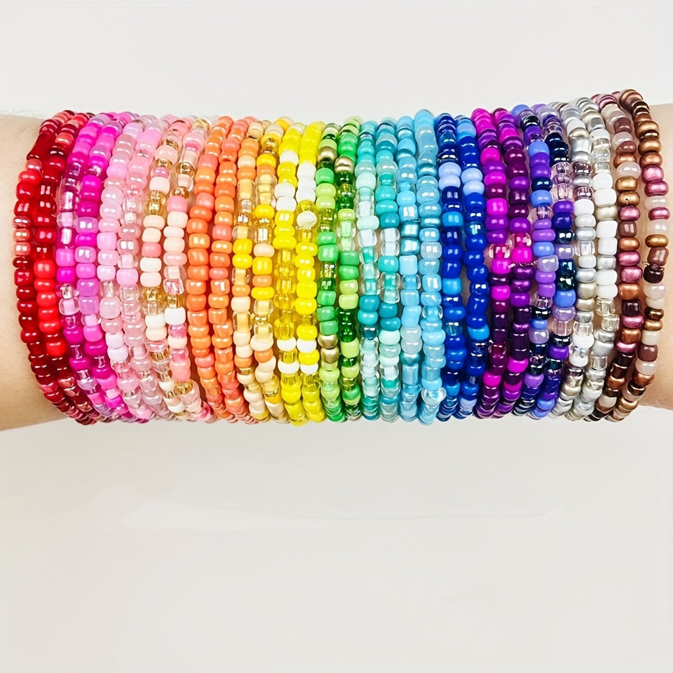 Lot de 60 bracelets en perles colorées – Couleurs assorties, bracelets extensibles style bohème empilables pour femmes et filles, accessoires de bijoux pour fêtes de vacances à la plage