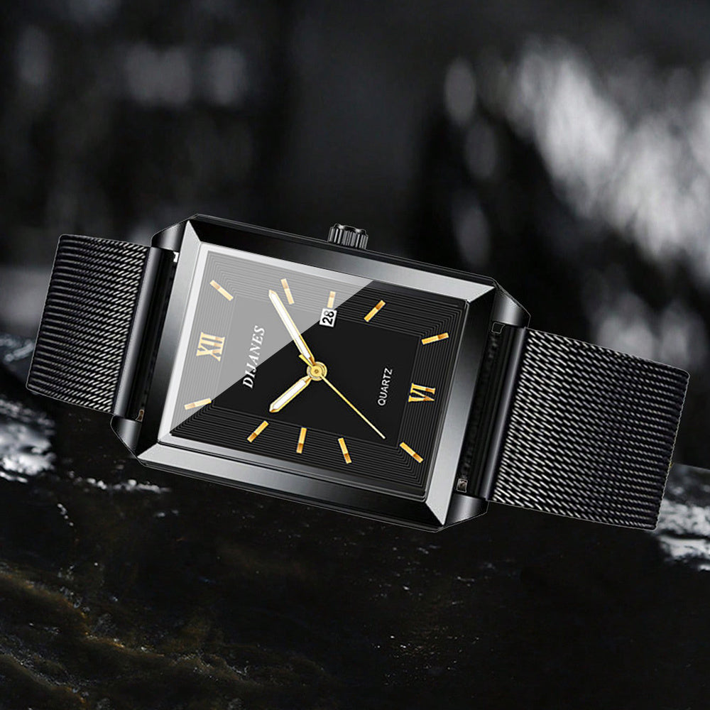 Ensemble montre à quartz et bijoux pour homme, 4 pièces – Montre à affichage de la date avec bracelet en acier inoxydable, collier, bracelet et bague, ensemble cadeau élégant décontracté chic pour homme, disponible en or, argent et noir