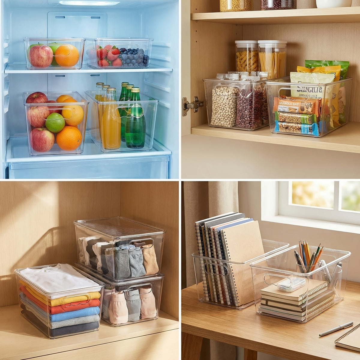 Lot de 6 bacs de rangement transparents empilables avec couvercles et poignées – Récipients organisateurs de garde-manger en plastique moyen pour cuisine, réfrigérateur, placard, armoire et salle de bain | 25,4 x 15,2 x 12,7 cm chacun