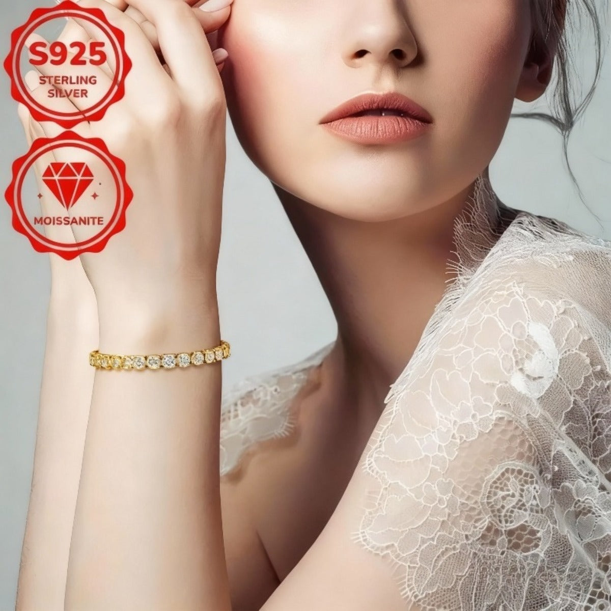 Bracelet tennis en argent sterling S925 et moissanite pour femme – Finition or taille brillante 4 mm, style français élégant, hypoallergénique, tailles 15 à 23 cm, cadeau parfait pour un mariage ou un anniversaire (7,71 g)