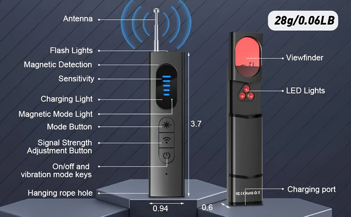 Détecteur de caméra cachée et scanner de signal RF anti-espion – Détecteur de mouchards, traceurs GPS et dispositifs d'écoute, balayeur de sécurité multifonction portable et rechargeable pour les voyages, l'hôtel, la maison, le bureau, la voiture