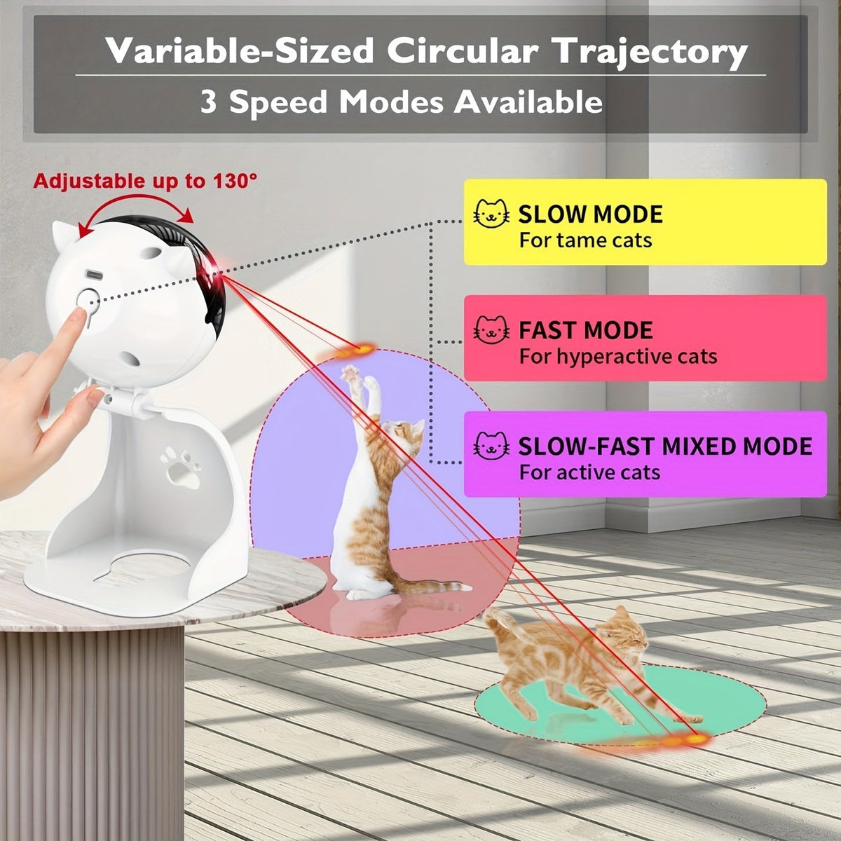 Jouet laser automatique pour chat rechargeable par USB – 3 modes de vitesse, à suspendre ou à poser, angle réglable de 0 à 130°, batterie 800 mAh, arrêt automatique après 15 min, pointeur laser interactif pour chats, chatons et chiens d'intérieur