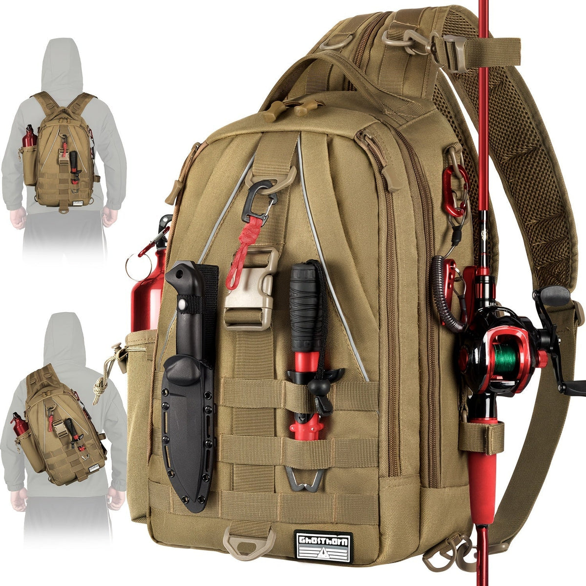 Sac à dos de pêche avec porte-canne – Sac bandoulière imperméable pour randonnée, pêche à la mouche, rangement de boîte à pêche, cadeau pour papa pêcheur
