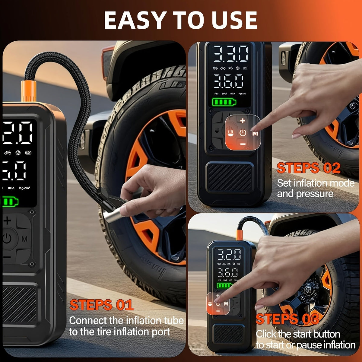 Gonfleur de pneus portable sans fil, compresseur d'air 160 PSI avec manomètre numérique et lampe LED, gonflage 8x plus rapide pour voiture, moto, vélo et ballon - Pompe à air électrique rechargeable