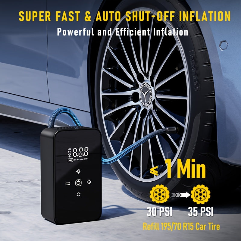 Compresseur d'air portable rechargeable par USB-C – Pompe à air sans fil 150 PSI avec manomètre numérique, éclairage LED et 5 modes de gonflage pour voiture, moto, vélo, ballon – Outil de garage léger