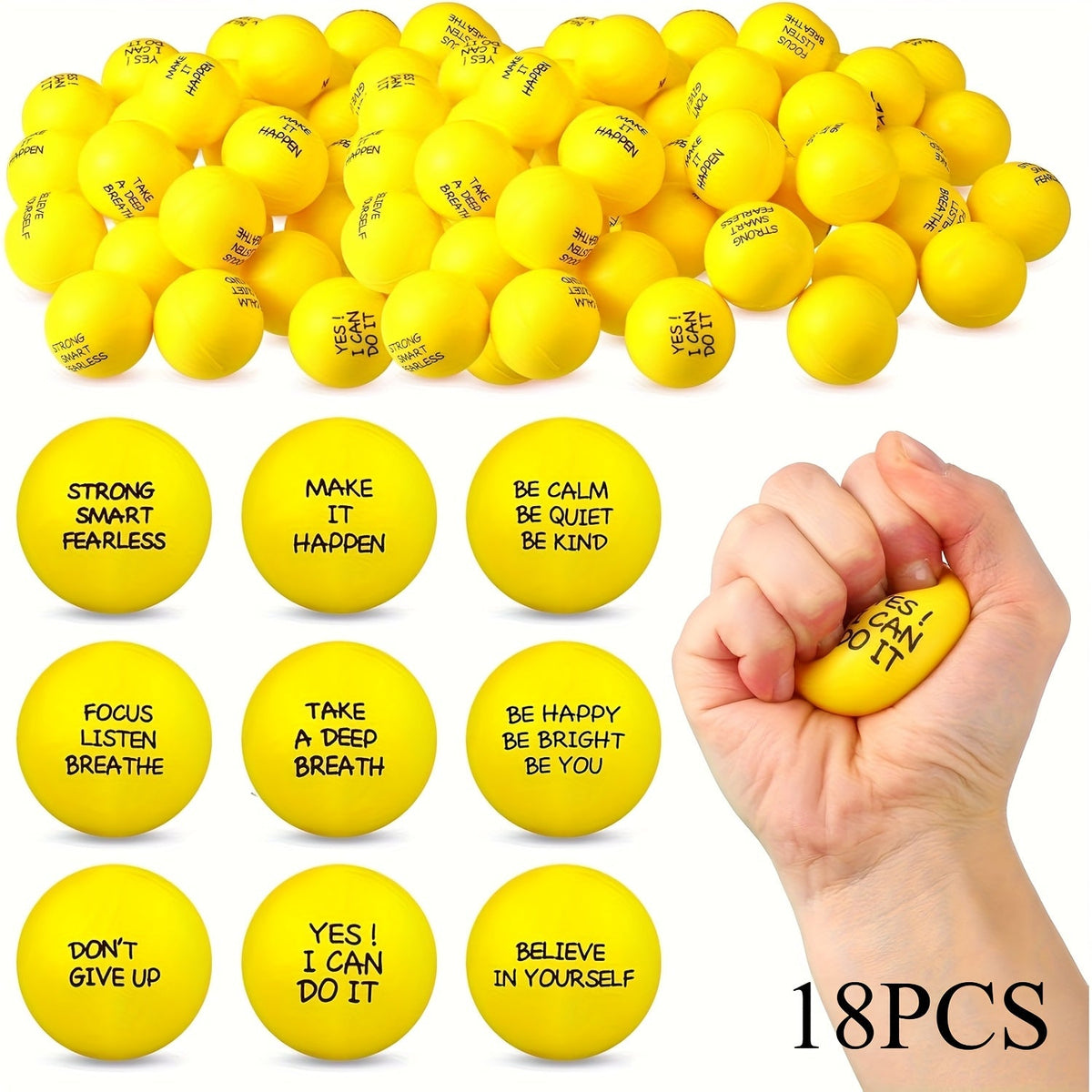 Lot de 18 ou 36 mini balles anti-stress avec citations motivantes de 4 cm, jouets à presser pour récompenses scolaires, cadeaux de fête, Pâques, printemps, rentrée des classes ou cadeaux d'équipe de bureau, rose, rouge, bleu, vert, jaune
