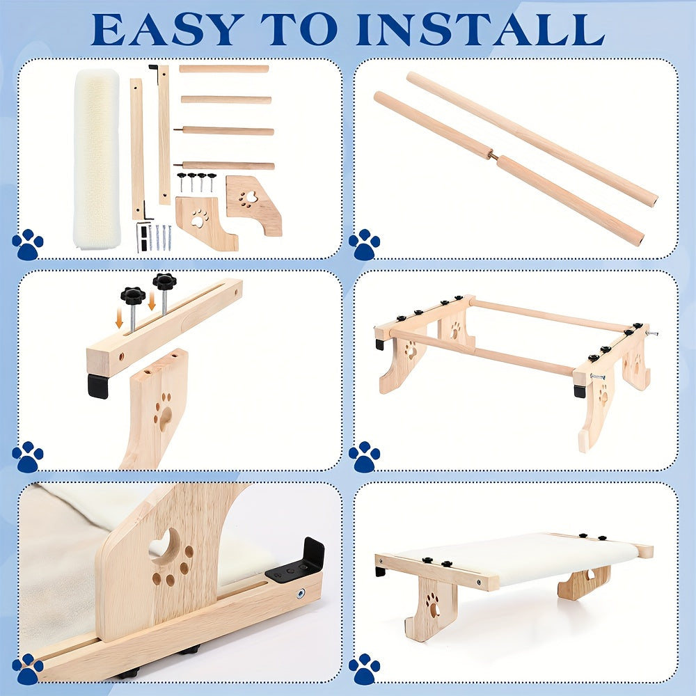 Perchoir et hamac pour chat en bois haut de gamme – Robuste, supporte jusqu'à 18 kg, fixation multi-emplacement pour fenêtre, mur et placard, plateforme extra-large avec coussin moelleux, sans danger pour les grands chats