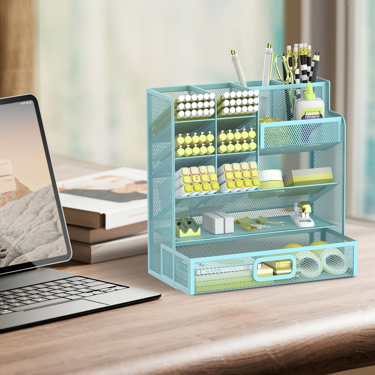Organisateur de bureau en maille avec tiroir et porte-stylo – Rangement pour crayons pour bureau, école et atelier d'art, design en maille respirante, disponible en noir, jaune et bleu